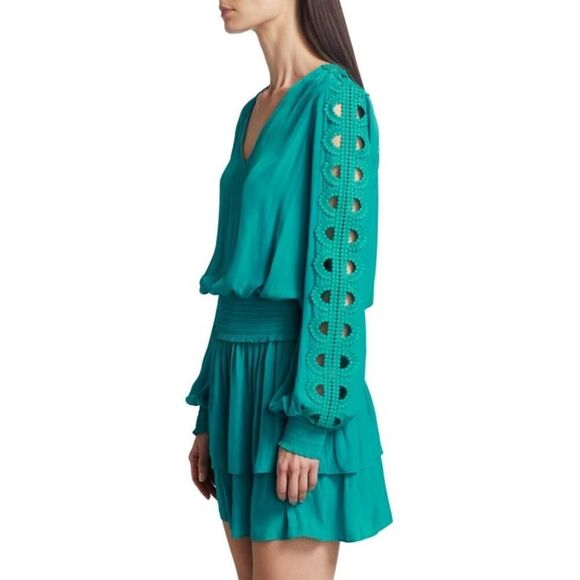 Ramy Brook Starling Dress Women's Small Teal Embellished-Sleeve Mini Smocked - Picture 13 of 13